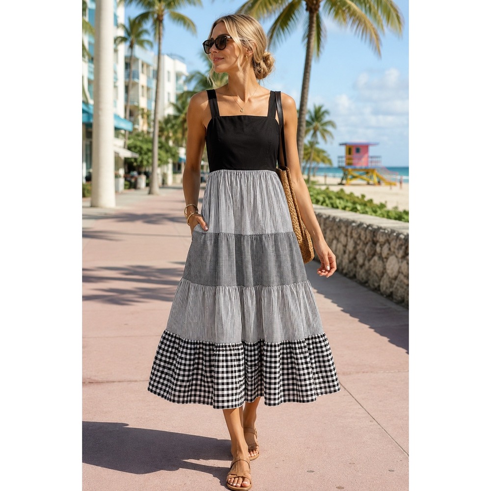 English Factory Black and White Tiered Midi Dress